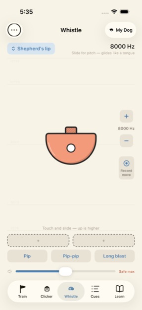 The whistle tab: the playable instrument with cue slots and safe-max level