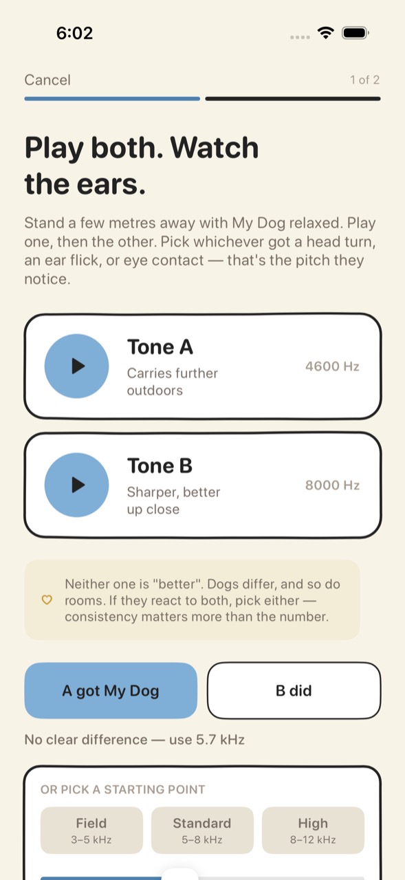 The pitch listen test: A/B tones to help find the pitch your dog responds to