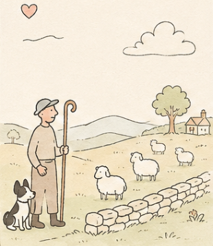 A shepherd with a crook and a border collie watching sheep behind a dry-stone wall