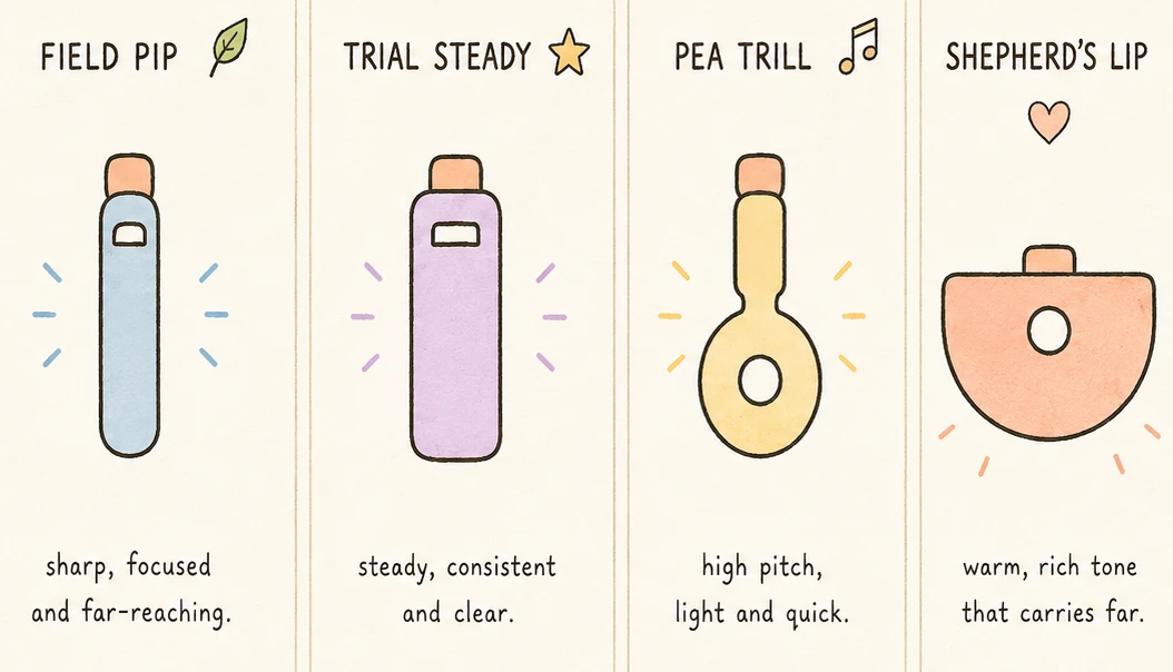 The four whistle archetypes: field pip — sharp, focused, far-reaching; trial steady — steady, consistent, clear; pea trill — high pitch, light and quick; shepherd's lip — warm, rich tone that carries far